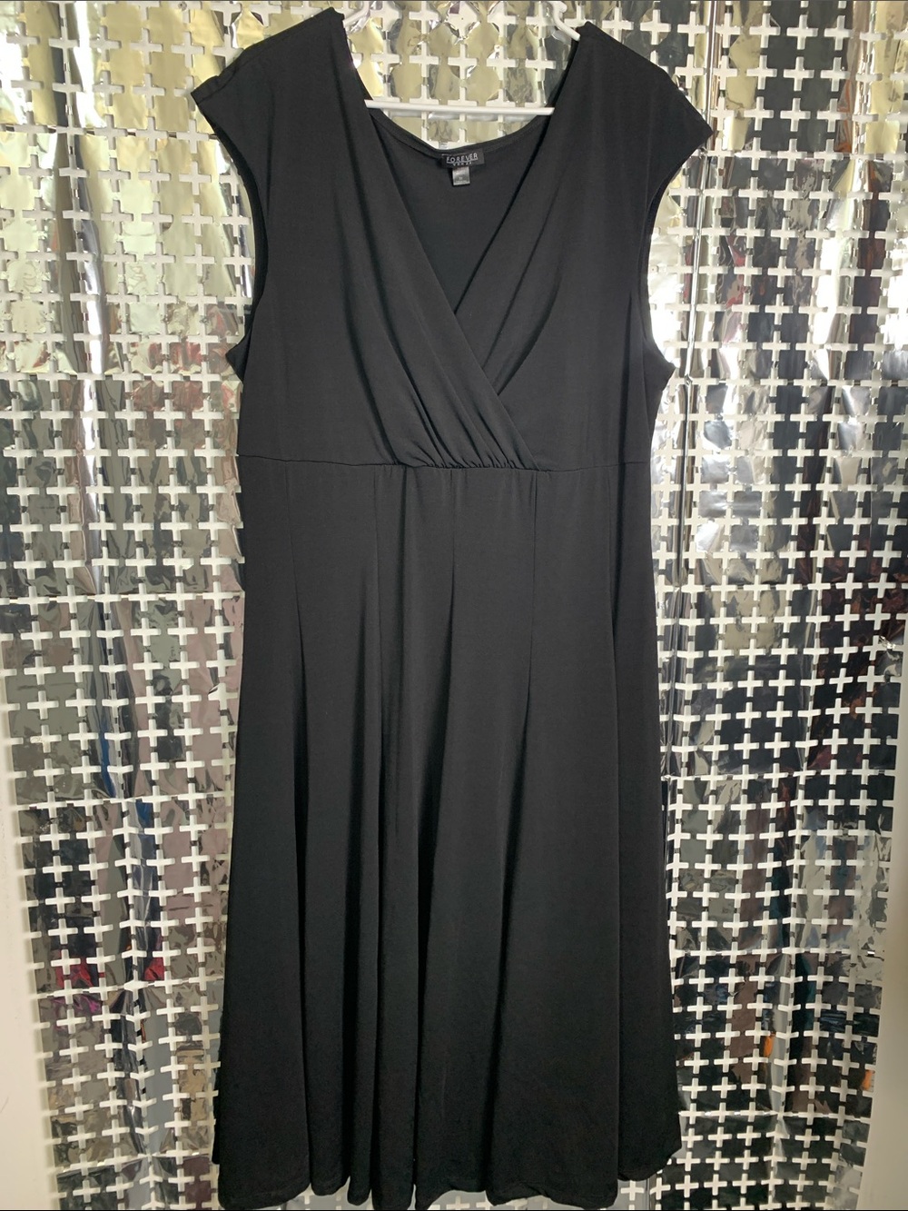 Cupio Black Faux-Wrap Cap Sleeve Midi Dress
